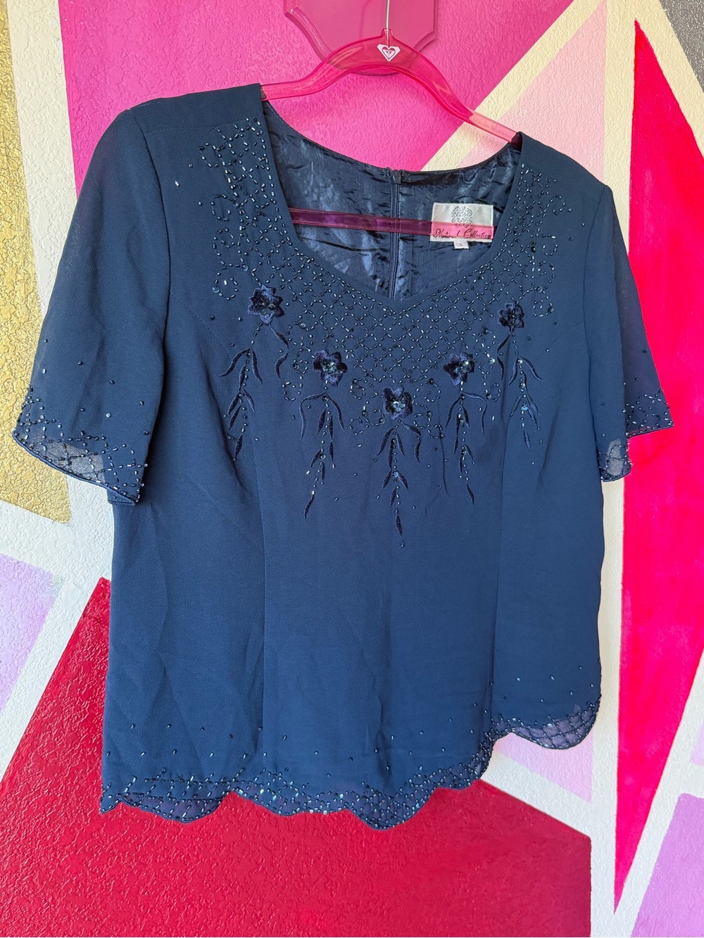 Vintage Natural Collection Black Beaded Cocktail Top Sz L Floral Beadwork